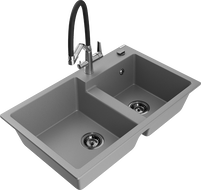 Mexen Tomas fregadero de granito de 2 compartimentos con grifo de cocina Duo, gris - 6516-71-671701-07-B