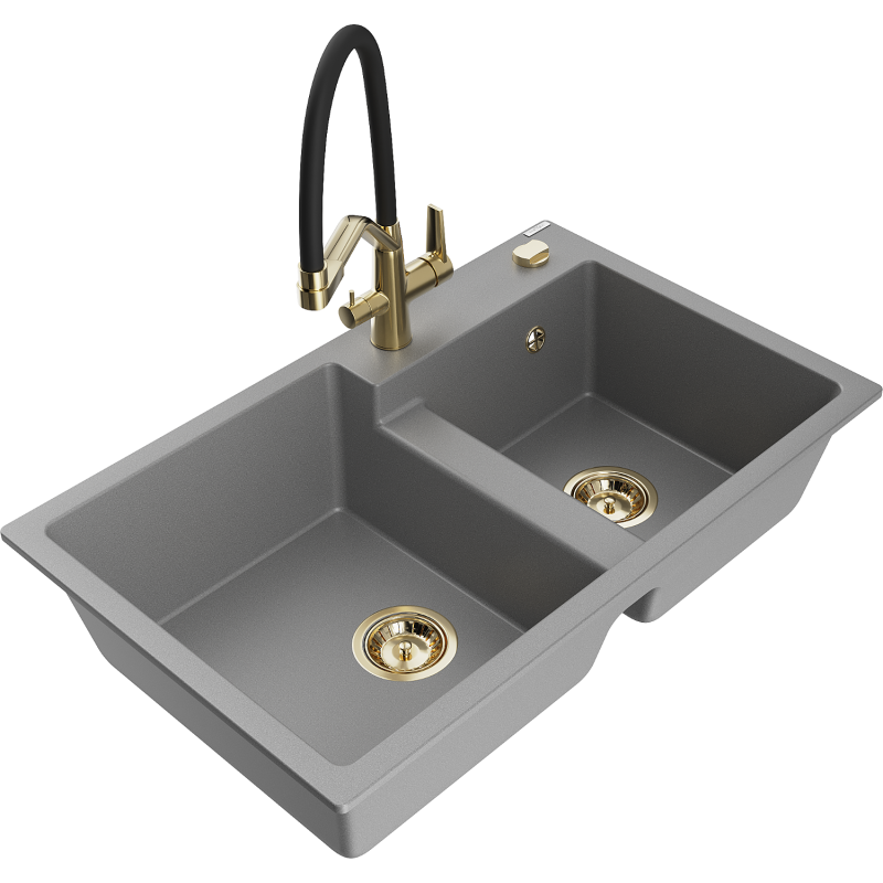 Mexen Tomas lavello da cucina in granito a 2 vasche con miscelatore Duo, grigio - 6516-71-671701-57-G