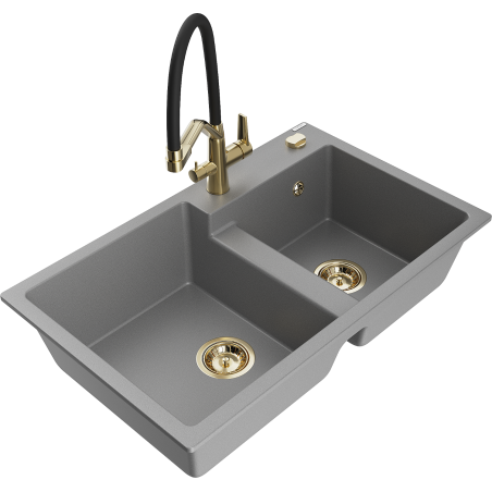 Mexen Tomas granite 2-bowl sink with Duo kitchen tap, grey - 6516-71-671701-57-G