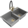 Mexen Tomas granite 2-bowl sink with Duo kitchen tap, grey - 6516-71-671701-57-G