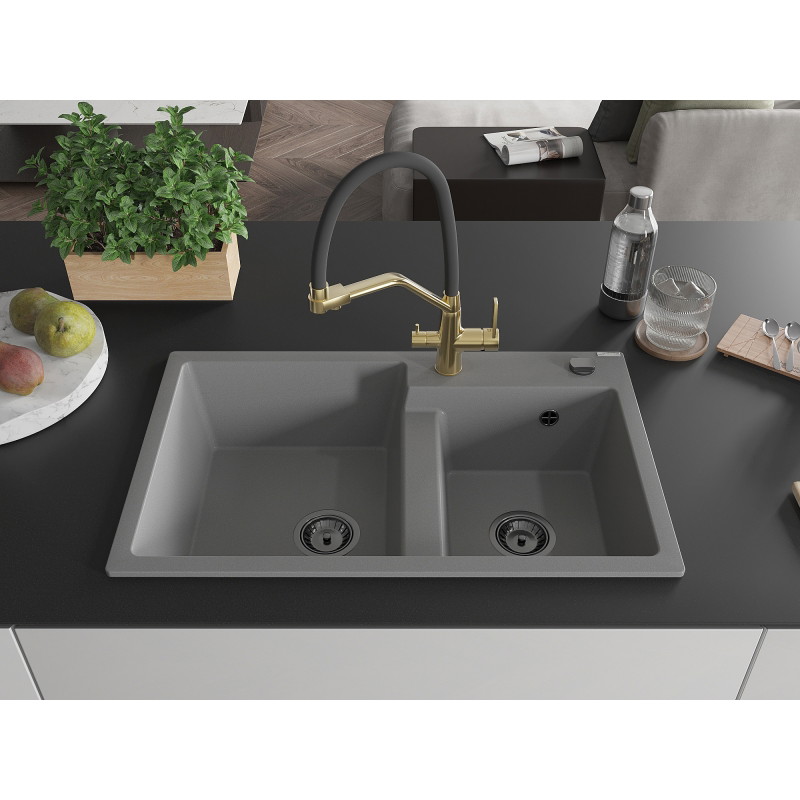Mexen Tomas fregadero de granito de 2 senos con grifo de cocina Duo, gris - 6516-71-671701-57-B