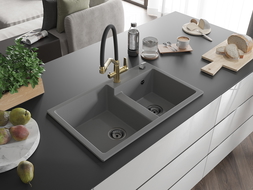 Mexen Tomas fregadero de granito de 2 compartimentos con grifo de cocina Duo, gris - 6516-71-671701-57-B