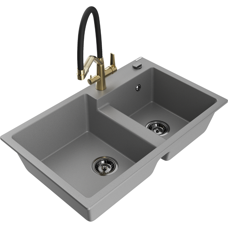 Mexen Tomas lavello da cucina in granito a 2 vasche con miscelatore Duo, grigio - 6516-71-671701-57-B