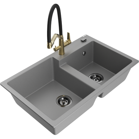Mexen Tomas fregadero de granito de 2 senos con grifo de cocina Duo, gris - 6516-71-671701-57-B