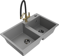 Mexen Tomas granite double bowl kitchen sink with Duo tap, grey - 6516-71-671701-57-B