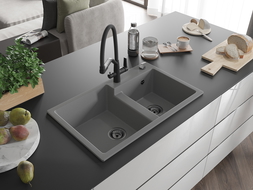 Mexen Tomas fregadero de granito de 2 senos con grifo de cocina Duo, gris - 6516-71-671701-70-B