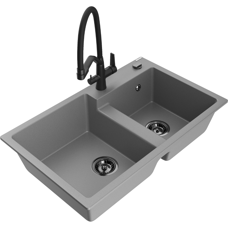 Mexen Tomas granite sink with 2 bowls and Duo kitchen tap, grey - 6516-71-671701-70-B