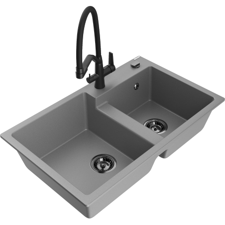 Mexen Tomas granite sink with 2 bowls and Duo kitchen tap, grey - 6516-71-671701-70-B