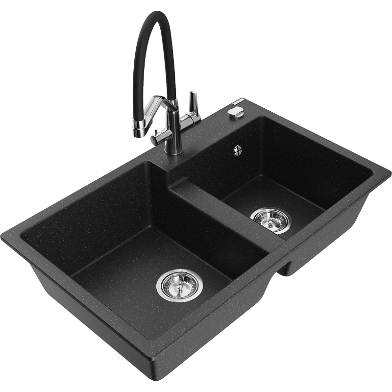 Mexen Tomas 2-bowl granite sink with Duo kitchen tap, black/silver metallic - 6516-73-671701-07