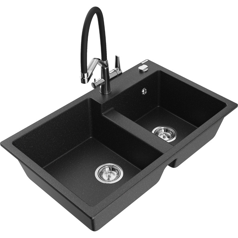 Mexen Tomas fregadero de granito de 2 compartimentos con grifo de cocina Duo, negro/plata metalizado - 6516-73-671701-07