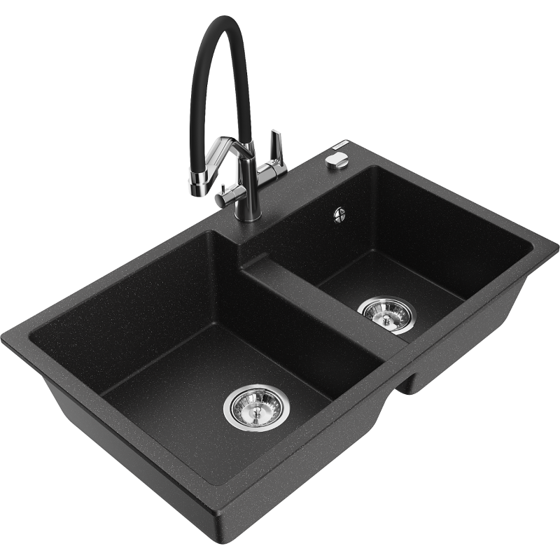Mexen Tomas fregadero de granito de 2 compartimentos con grifo de cocina Duo, negro/plateado metálico - 6516-73-671701-07