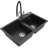 Mexen Tomas 2-bowl granite sink with Duo kitchen tap, black/silver metallic - 6516-73-671701-07