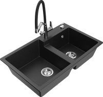 Mexen Tomas 2-bowl granite sink with Duo kitchen tap, black/silver metallic - 6516-73-671701-07