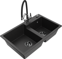 Mexen Tomas granieten spoelbak met 2 kamers en keukenkraan Duo, zwart/zilverkleurige metallic - 6516-73-671701-07-B