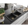 Mexen Tomas 2-bowl granite sink with Duo kitchen tap, black/silver metallic - 6516-73-671701-57-G