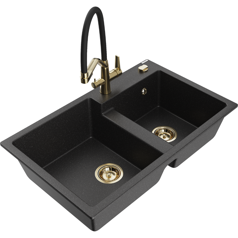 Mexen Tomas 2-bowl granite sink with Duo kitchen tap, black/silver metallic - 6516-73-671701-57-G