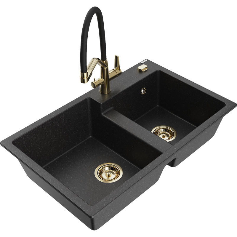 Mexen Tomas granieten gootsteen 2-kamer met keukenkraan Duo, zwart/zilver metallic - 6516-73-671701-57-G