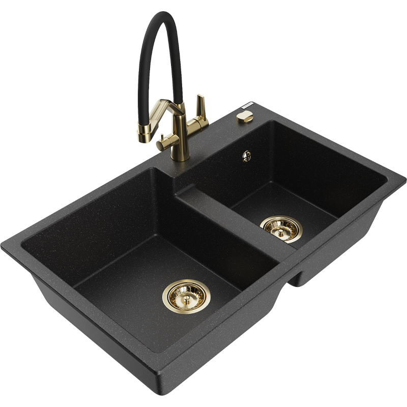Mexen Tomas lavello in granito a 2 vasche con rubinetto da cucina Duo, nero/argento metallizzato - 6516-73-671701-57-G