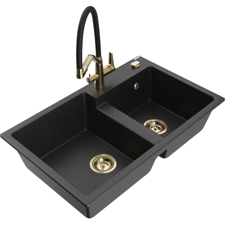 Mexen Tomas 2-bowl granite sink with Duo kitchen tap, black/silver metallic - 6516-73-671701-57-G