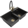 Mexen Tomas fregadero de granito de 2 compartimentos con grifo de cocina Duo, negro/metálico plateado - 6516-73-671701-57-G