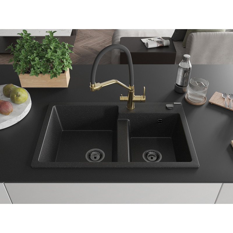 Mexen Tomas granitische spoelbak met 2 kamers en keukenkraan Duo, zwart/zilver metallic - 6516-73-671701-57-B