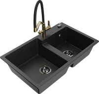 Mexen Tomas lavello in granito a 2 vasche con miscelatore cucina Duo, nero/metallo argento - 6516-73-671701-57-B