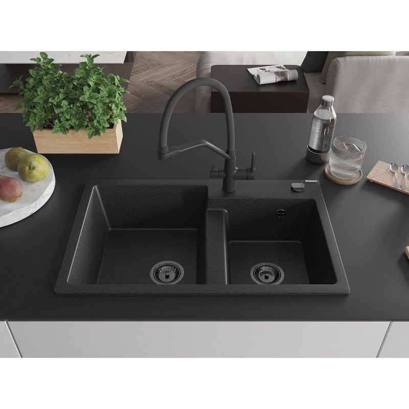 Mexen Tomas lavello in granito a 2 vasche con rubinetto da cucina Duo, nero/argento metallizzato - 6516-73-671701-70-B