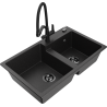 Mexen Tomas granitische gootsteen 2-kamers met keukenmengkraan Duo, zwart/zilver metallic - 6516-73-671701-70-B