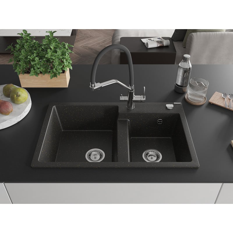 Mexen Tomas granite sink 2-bowl with Duo kitchen tap, black/gold metallic - 6516-75-671701-07