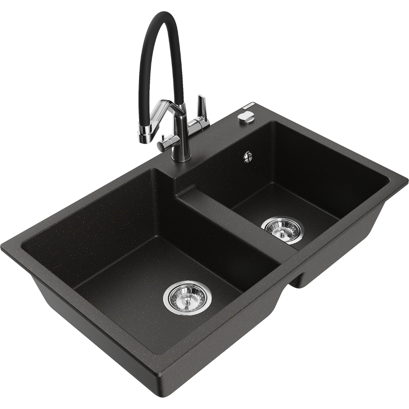 Mexen Tomas fregadero de granito de 2 compartimentos con grifo de cocina Duo, negro/dorado metálico - 6516-75-671701-07