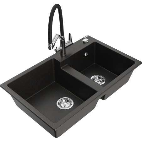 Mexen Tomas granite sink 2-bowl with Duo kitchen tap, black/gold metallic - 6516-75-671701-07