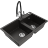 Mexen Tomas fregadero de granito de 2 compartimentos con grifo de cocina Duo, negro/dorado metálico - 6516-75-671701-07