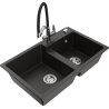 Mexen Tomas granite sink 2-bowl with Duo kitchen tap, black/gold metallic - 6516-75-671701-07