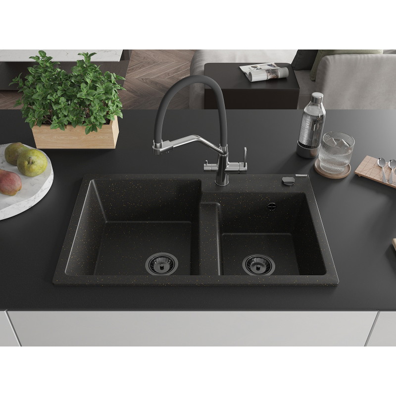 Mexen Tomas granit gootsteen met 2 kamers met Duo keukenmengkraan, zwart/goud metallic - 6516-75-671701-07-B
