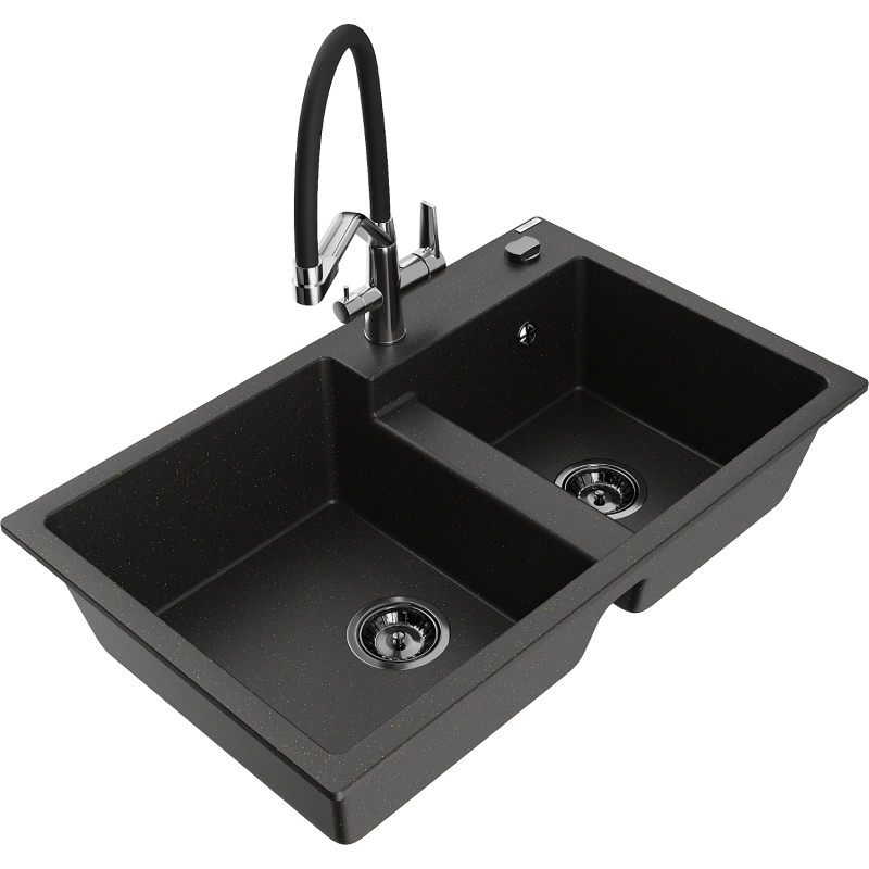 Mexen Tomas fregadero de granito de 2 compartimentos con grifo de cocina Duo, negro/dorado metálico - 6516-75-671701-07-B