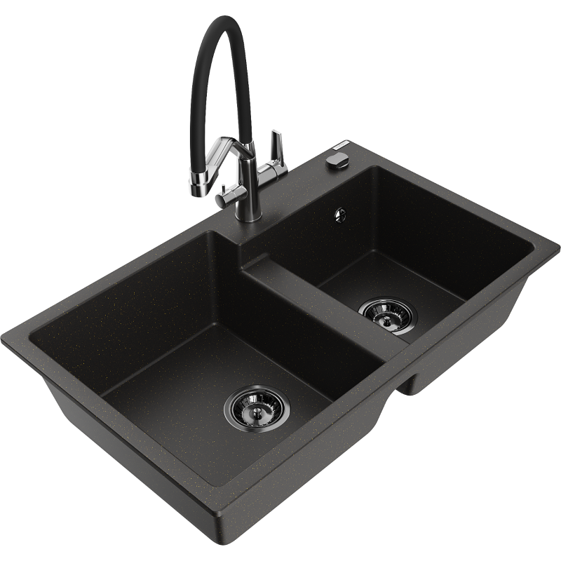 Mexen Tomas lavello in granito a 2 vasche con miscelatore cucina Duo, nero/oro metallizzato - 6516-75-671701-07-B