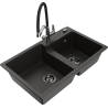 Mexen Tomas granite sink 2-bowl with Duo kitchen tap, black/gold metallic - 6516-75-671701-07-B