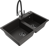 Mexen Tomas granite sink 2-bowl with Duo kitchen tap, black/gold metallic - 6516-75-671701-07-B