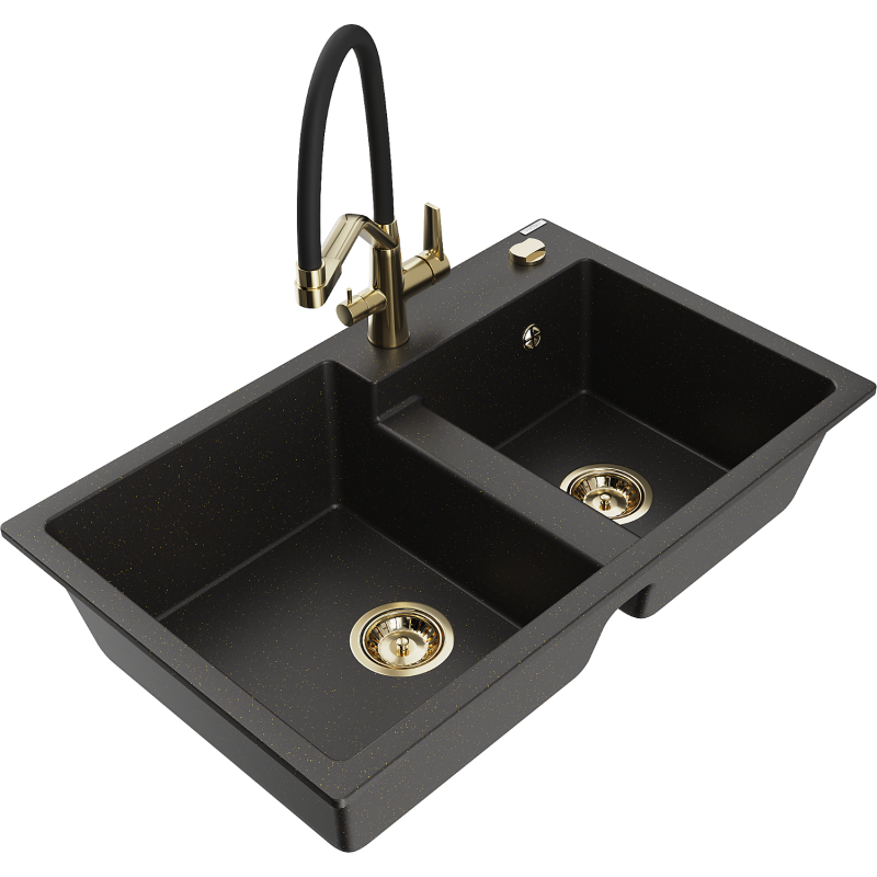 Mexen Tomas 2-osainen graniittinen tiskiallas keittiöhanalla Duo, musta/kultametalli - 6516-75-671701-57-G