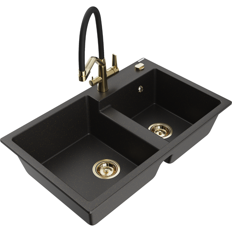 Mexen Tomas fregadero de granito de 2 compartimentos con grifo de cocina Duo, negro/dorado metálico - 6516-75-671701-57-G