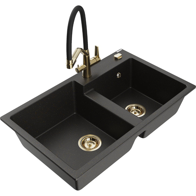 Mexen Tomas Granitspullkichen mat 2 Komerien an Kichenkran Duo, schwaarz/golde Metallic - 6516-75-671701-57-G