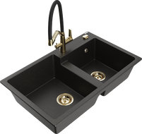 Mexen Tomas granite sink with two bowls and Duo kitchen tap, black/gold metallic - 6516-75-671701-57-G