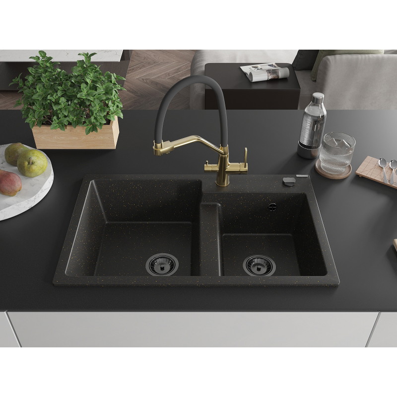 Mexen Tomas granieten gootsteen 2-kamer met keukenkraan Duo, zwart/goud metallic - 6516-75-671701-57-B
