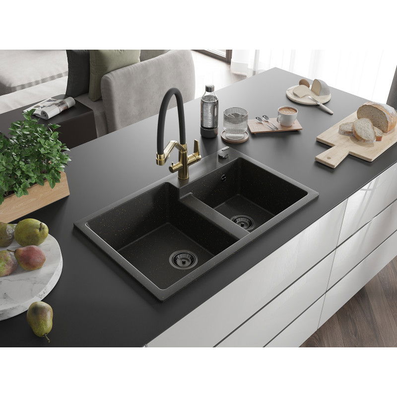 Mexen Tomas lavello in granito a 2 vasche con rubinetto da cucina Duo, nero/oro metallizzato - 6516-75-671701-57-B
