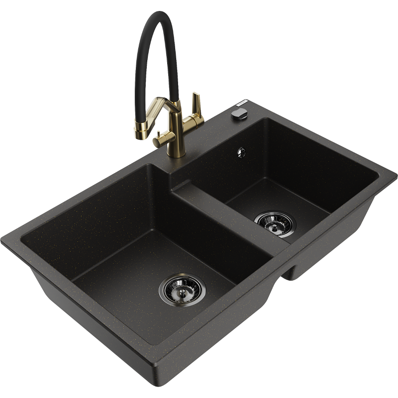 Mexen Tomas 2-bowl granite sink with Duo kitchen faucet, black/gold metallic - 6516-75-671701-57-B