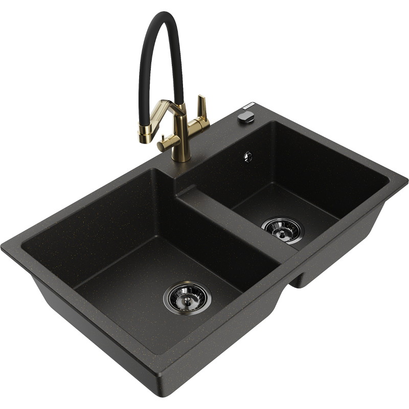 Mexen Tomas fregadero de granito de 2 compartimentos con grifo de cocina Duo, negro/dorado metálico - 6516-75-671701-57-B