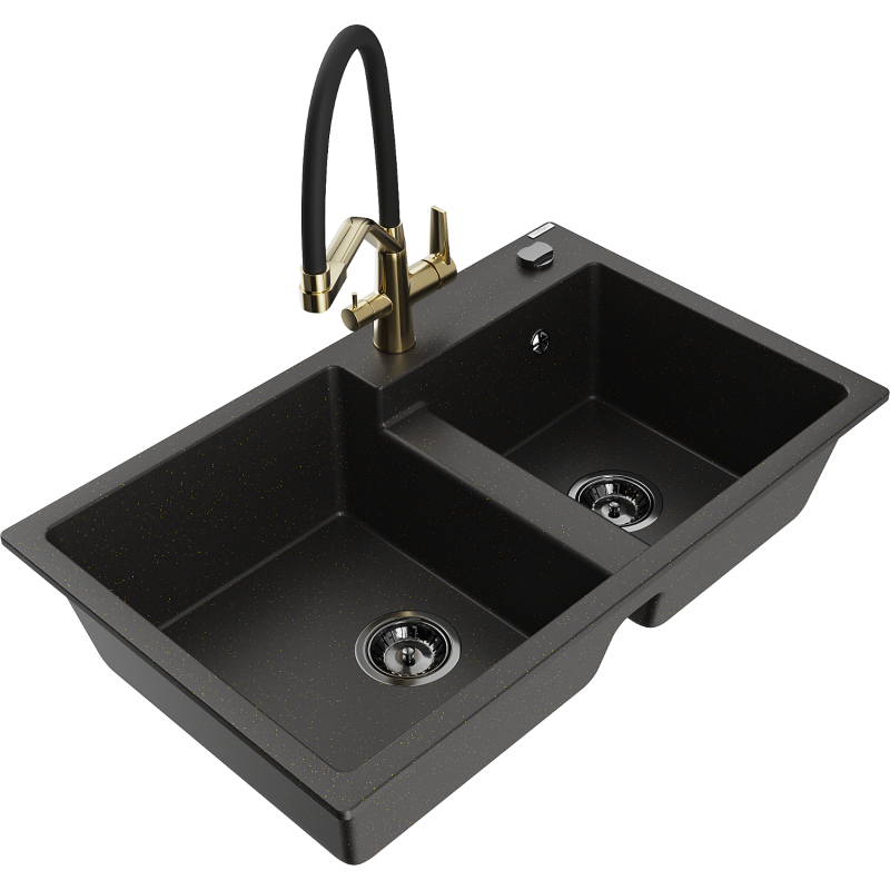Mexen Tomas lava-loiça de granito de 2 cubas com torneira de cozinha Duo, preto/dourado metálico - 6516-75-671701-57-B