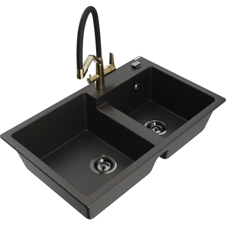 Mexen Tomas 2-bowl granite sink with Duo kitchen faucet, black/gold metallic - 6516-75-671701-57-B