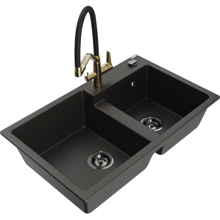 Mexen Tomas fregadero de granito de 2 compartimentos con grifo de cocina Duo, negro/dorado metálico - 6516-75-671701-57-B
