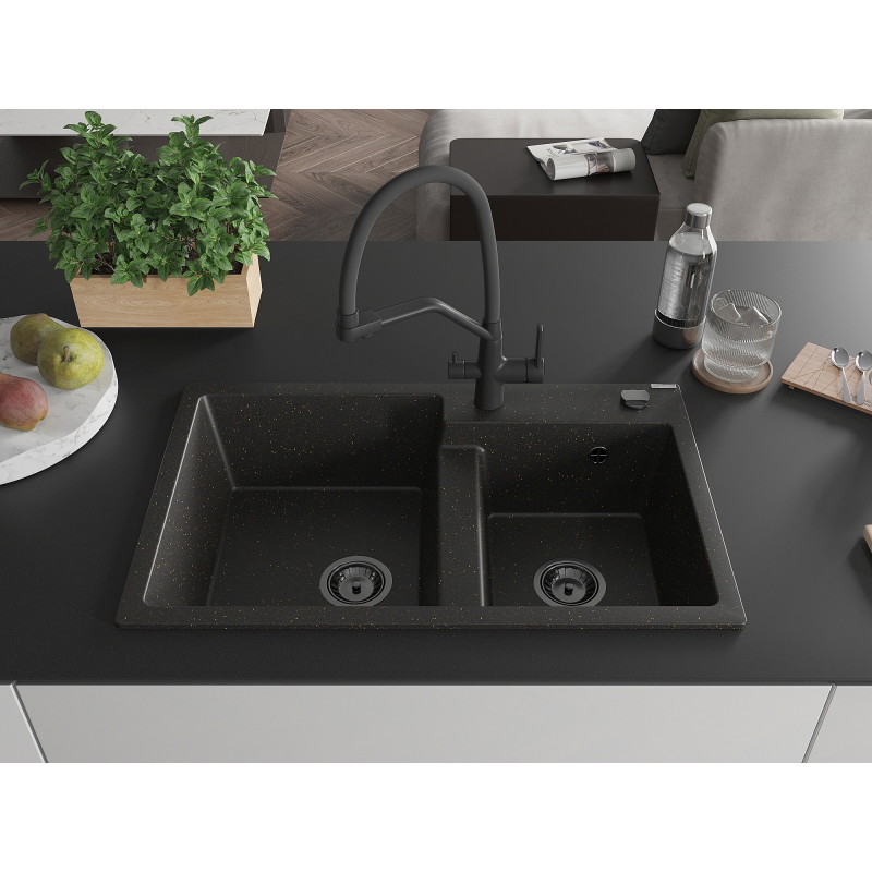 Mexen Tomas Granitspüle 2-Kammer mit Küchenarmatur Duo, schwarz/gold metallic - 6516-75-671701-70-B